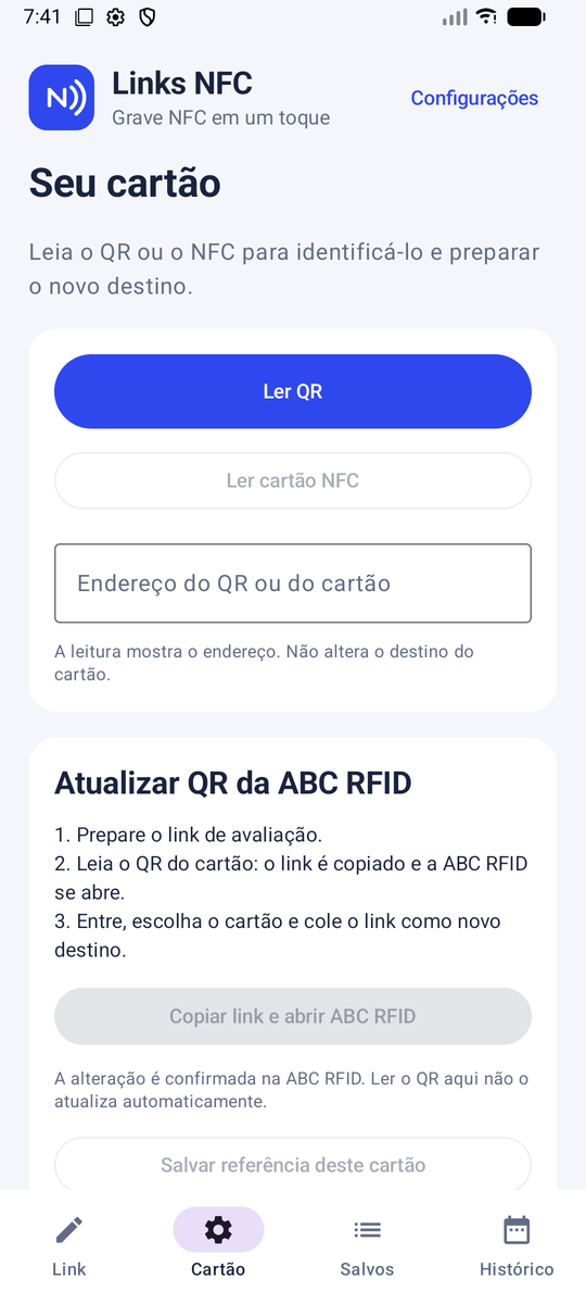 Links NFC · Seu cartão