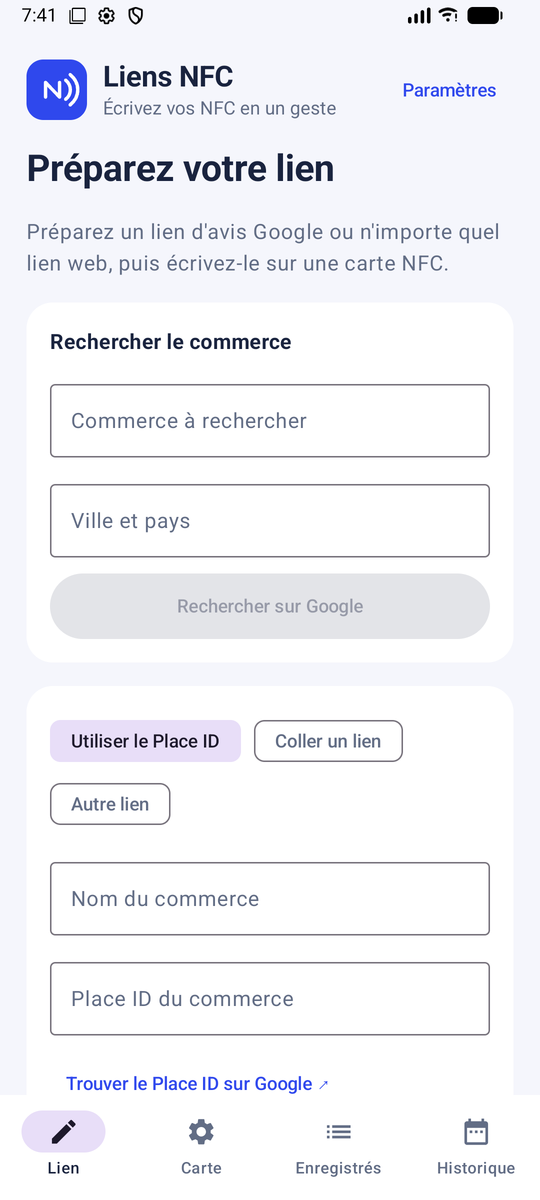 Liens NFC · Préparez le lien